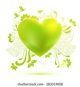 Vector green heart illustration for summer and drawing elements. Love green label.