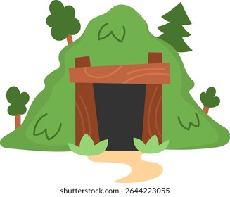 Vector green hill with door. Dwarf mine entrance illustration. Gnome mining cave clipart. Fantasy forest or woodland mountain illustration. Magic fairytale icon isolated on white