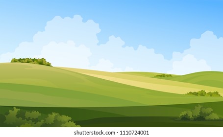 Vector green hills landscape background, summer field vector illustration.