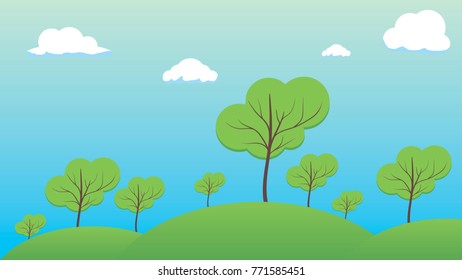 vector green hills and trees illustration. spring nature under cloudy sky