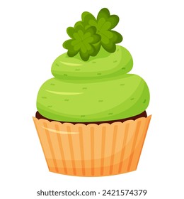 Vector green holiday cupcake icon with four-leaf clover isolated on white background. Patrick's day celebration event illustration.