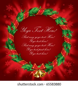 Vector green holly wreath with red ribbon and gold bells on a red shining background