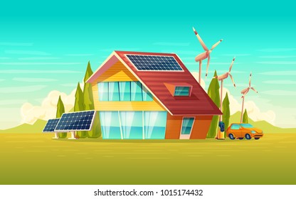 Casa verde vectorial, coche eléctrico concepto de energía ecológica renovable. Casa de campo con paneles solares en el techo, turbinas de molino de viento. Fuente de electricidad ecológica, ilustración tecnológica moderna