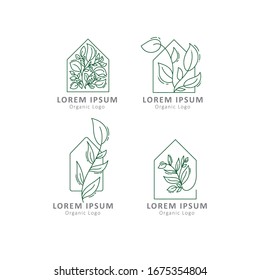 Plantillas de logotipo de la casa verde vectorial. Conjunto de iconos conceptuales para hotel, empresa inmobiliaria, casas inteligentes ecológicas, cabañas.