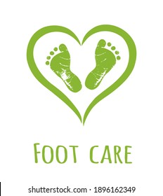 Vector green human man woman female male girl boy baby grunge silhouette footprints in heart shape.Foot care logo design.Heels icon sign for cream packaging.People foot print template.Sticker.