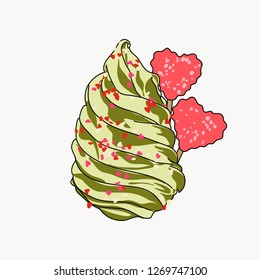 Vector of a green ice cream, possible pistachio or mint flavor. With lollipops and caramel.