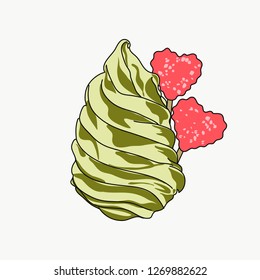 Vector of a green ice cream, possible pistachio or mint flavor. With lollipops and caramel.