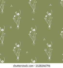Ilustración verde vectorial. Patrón floral sin fisuras. Bouquet de flores silvestres. Campo floral dibujado a mano. flores simples. Cabezas florecientes de flores silvestres. Dibujo de esquema.