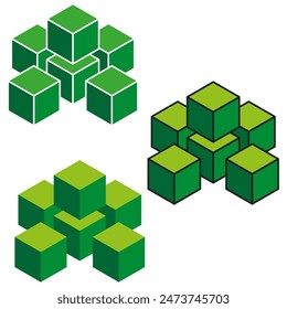 Vector green isometric cubes set. 3D block structures collection. Geometric compositions design.