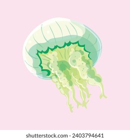 Vector green jellyfish swiming sealife animal on white background