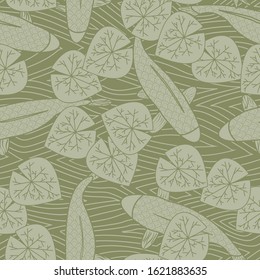 Vector Green Koi Fish and Leaves on a Green Background Seamless Repeat Pattern. Background for textiles, cards, manufacturing, wallpapers, print, gift wrap and scrapbooking.