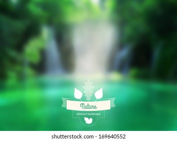 Vector green landscape with hipster badge. Lake view.