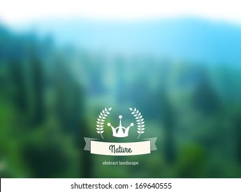 Vektor-grüne Landschaft mit Hipster-Abzeichen. Bergunscharfer Blick. Wald. Retro-Lorbeer-Labeldesign mit Kronen und Band.
