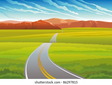 Vector green landscape with long road, mountains and meadow on a blue sky