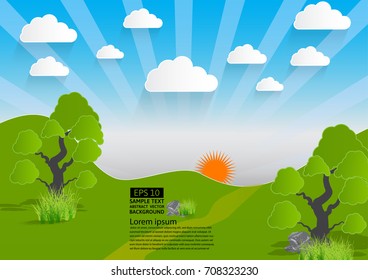 Vector green landscape, mountain with trees and clouds, paper art style