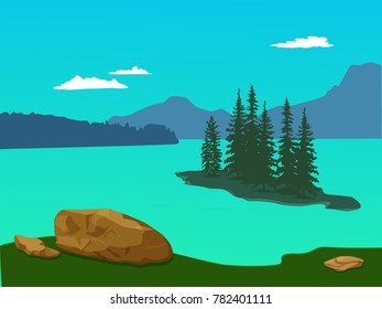 Vector green landscape with mountains, spruces and stones - parallax effects - for card, background, banner, wallpapee, website, animation