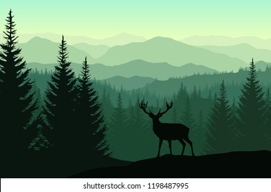 Paisaje verde vectorial con siluetas de montañas nubladas, bosques y ciervos