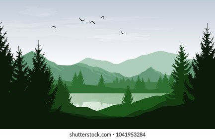 Vector green landscape with silhouettes of mountains and hills and trees in forest with lake