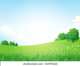 Vector Green Landscape with trees clouds flowers 