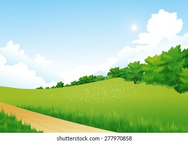 Vector Green Landscape with trees, clouds, flowers. Summer meadow.