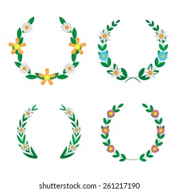 Vector green laurel wreaths with colored flowers