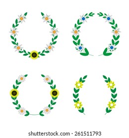 Vector green laurel wreaths with colored flowers