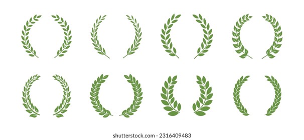 Vector green laurels set. Circular foliate laurels branches. Laurel wreath silhouette. Trophy crest. Greek olive branch award, winner round emblem