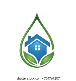 Vector Green Leaf Blue House Drop Logo