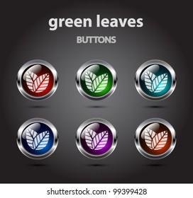 Vector green leaf buttons. Shiny glossy color metal.