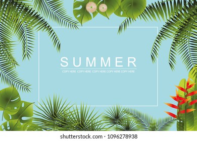 vector green leaf frame on light blue background.summer concept.tropical concept.holiday beach.copy space