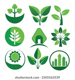 Vector green leaf icons and ecology logo collection on white background.