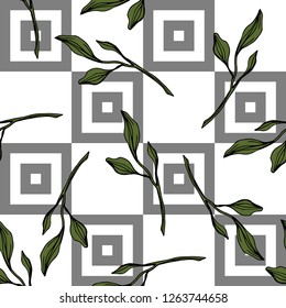 Vector. Green leaf plant botanical garden floral foliage. Engraved ink art. Seamless pattern on white background. Fabric wallpaper print texture.