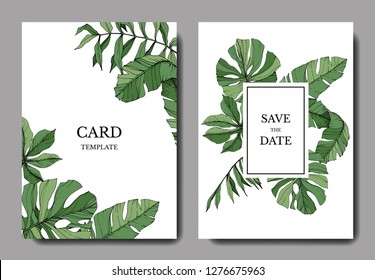 Vector Green leaf plant botanical garden floral foliage. Engraved ink art. Exotic tropical hawaiian summer. Palm beach tree leaves jungle botanical. Wedding background card floral decorative border.