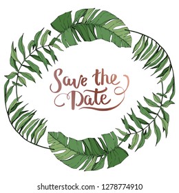 Vector Green leaf plant botanical garden floral foliage. Engraved ink art. Exotic tropical hawaiian summer. Palm beach tree leaves jungle botanical. Frame border ornament square.