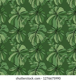 Vector Green leaf plant garden floral foliage. Engraved ink art. Exotic tropical hawaiian summer. Palm beach tree leaves jungle botanical. Seamless background pattern. Fabric wallpaper print texture.