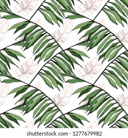 Vector Green leaf plant garden floral foliage. Engraved ink art. Exotic tropical hawaiian summer. Palm beach tree leaves jungle botanical. Seamless background pattern. Fabric wallpaper print texture.