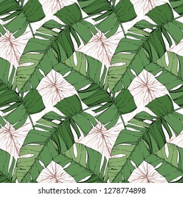 Vector Green leaf plant garden floral foliage. Engraved ink art. Exotic tropical hawaiian summer. Palm beach tree leaves jungle botanical. Seamless background pattern. Fabric wallpaper print texture.