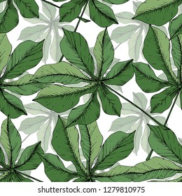 Vector Green leaf plant garden floral foliage. Engraved ink art. Exotic tropical hawaiian summer. Palm beach tree leaves jungle botanical. Seamless background pattern. Fabric wallpaper print texture.