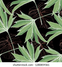 Vector Green leaf plant garden floral foliage. Engraved ink art. Exotic tropical hawaiian summer. Palm beach tree leaves jungle botanical. Seamless background pattern. Fabric wallpaper print texture.