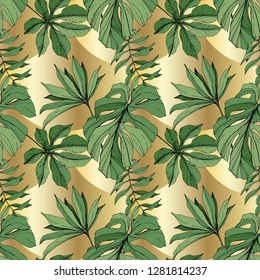 Vector Green leaf plant garden floral foliage. Engraved ink art. Exotic tropical hawaiian summer. Palm beach tree leaves jungle botanical. Seamless background pattern. Fabric wallpaper print texture.