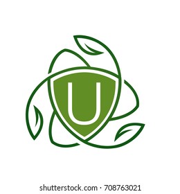 Vector Green Leaf Vitamin Shield Letter U Logo