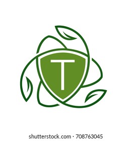 Vector Green Leaf Vitamin Shield Letter T Logo
