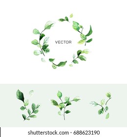 Vector green leaf wreath with place for text and set of branches with leaves in watercolor style. Beautiful hand drawn elements for save the date card, wedding invitation and greeting cards.