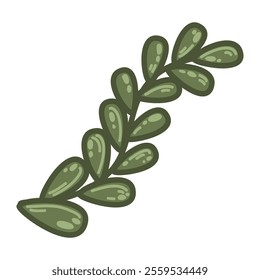 Vector green leafy branch with glossy textures. Minimalistic botanical illustration with detailed leaves in simple cartoon style. Perfect for eco-themed projects, stationery, or patterns