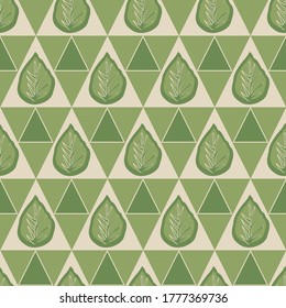 Vector Green Leaves in Green and Beige Triangles Background Seamless Repeat Pattern. Background for textiles, cards, manufacturing, wallpapers, print, gift wrap and scrapbooking.