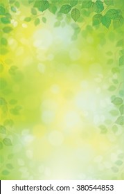 Vector green leaves border on green bokeh background.