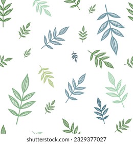 Vector green leaves of different sizes, seamless pattern with bright twigs, illustration for wallpapers,notebook covers. Template of linear elements, cutted shapes of plants.Decorative leaf for design