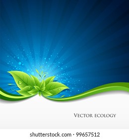 Vector Green Leaves Ecology On Lighting Blue Background. Illustration