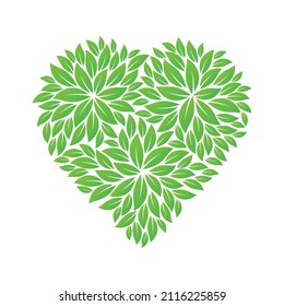 Vector green leaves forming a valentine heart. Isolated on white background.