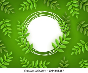 Vector green leaves frame background template, white grunge circle. Abstract natural decoration pattern. Summer tropucal exotic. Fern monstera paradise resort, holiday vacation, poster illustration